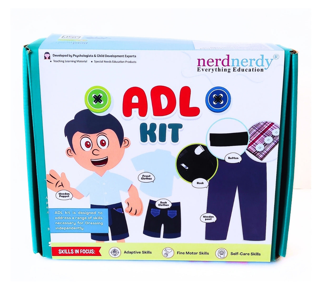 NerdNerdy ADL Dressing Kit (Assistive Daily Living kit)created by Rehabilitation Psychologists to facilitate dressing skills in children with Special Needs - NerdNerdy