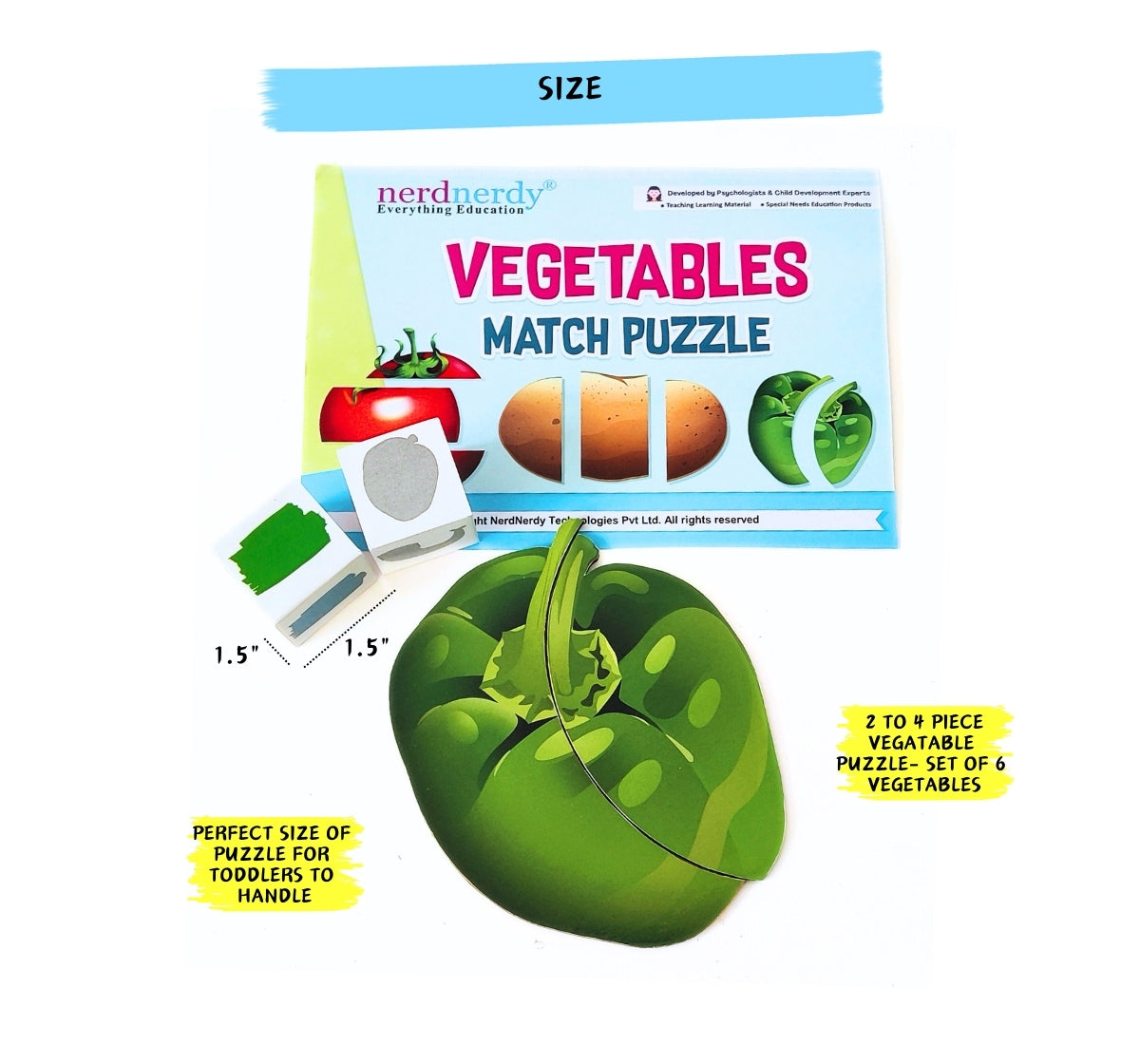 NerdNerdy Vegetables Match Puzzle/set of 6 vegetable with large wooden pieces/ 2 wooden dices/ great resource for 3+yrs preschoolers/ Can be used for children with Special Education Needs. - NerdNerdy